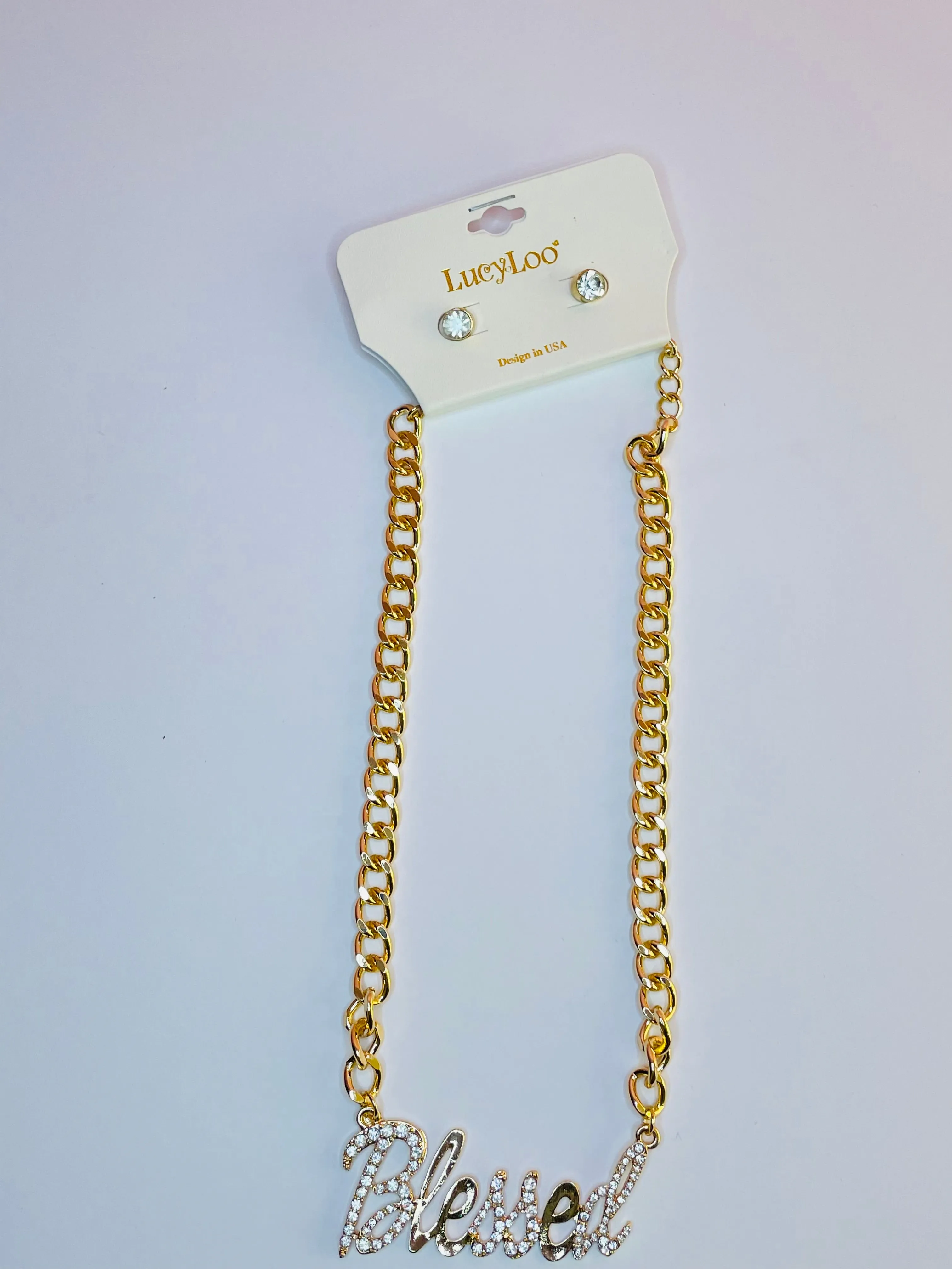Blessed Charm Chain Link Gold Necklace And Cuban Zirconia Earrings Set