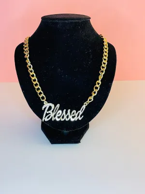 Blessed Charm Chain Link Gold Necklace And Cuban Zirconia Earrings Set