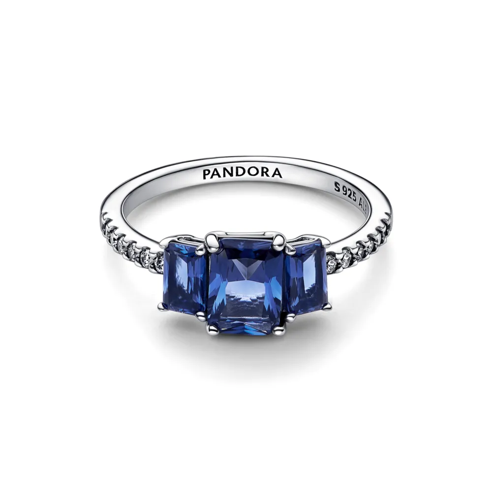 Blue Rectangular Three Stone Sparkling Ring