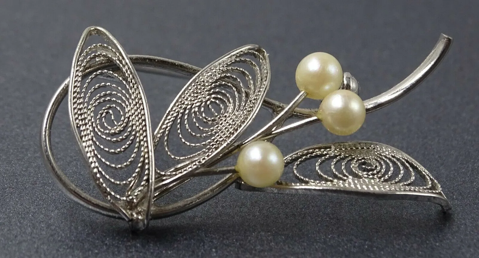 Cultured Pearl Brooch with Silver Toned Filigree Leaves