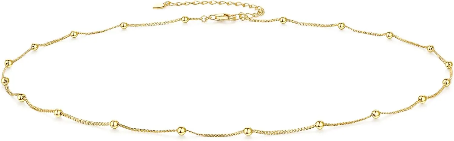 EPIRORA Choker Necklace for Women 925 Sterling Silver Gold Plated Dainty Satellite Bead Chain Pendant Minimalist Jewelry, 16'' 2"