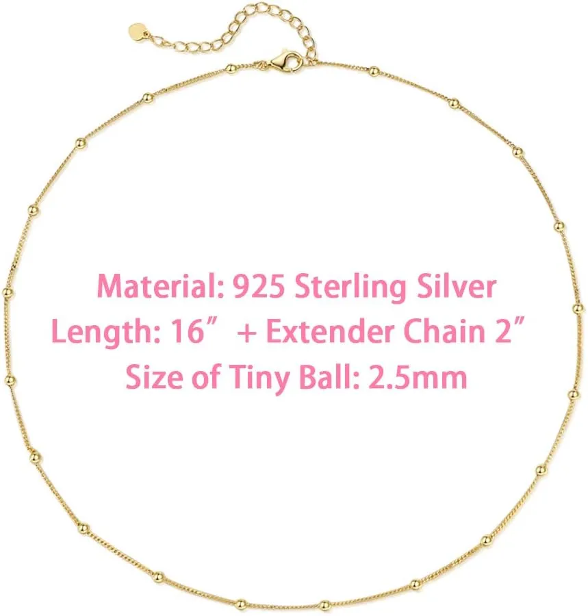 EPIRORA Choker Necklace for Women 925 Sterling Silver Gold Plated Dainty Satellite Bead Chain Pendant Minimalist Jewelry, 16'' 2"