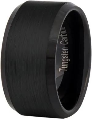 Fashion Month Mens Black 12mm Tungsten Carbide Ring Cool Wedding Engagement Band Matte Finish Beveled Edge Comfort Fit