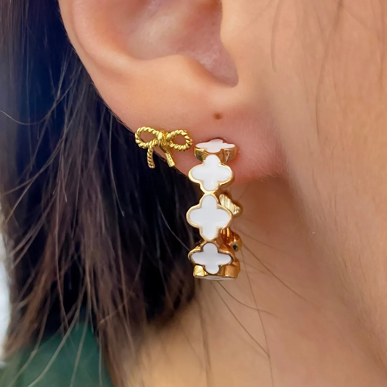 Gold and White Clover Hoop Earrings