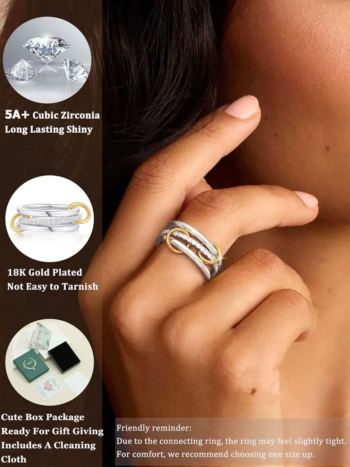 Gold Silver Rings for Women Non Tarnish 18K Gold Plated Stackable Rings Dainty Cubic Zirconia Statement Rings Wedding Band Thumb Ring Mixed Metals Stacking Rings Set Size 5-10 Jewelry Gifts