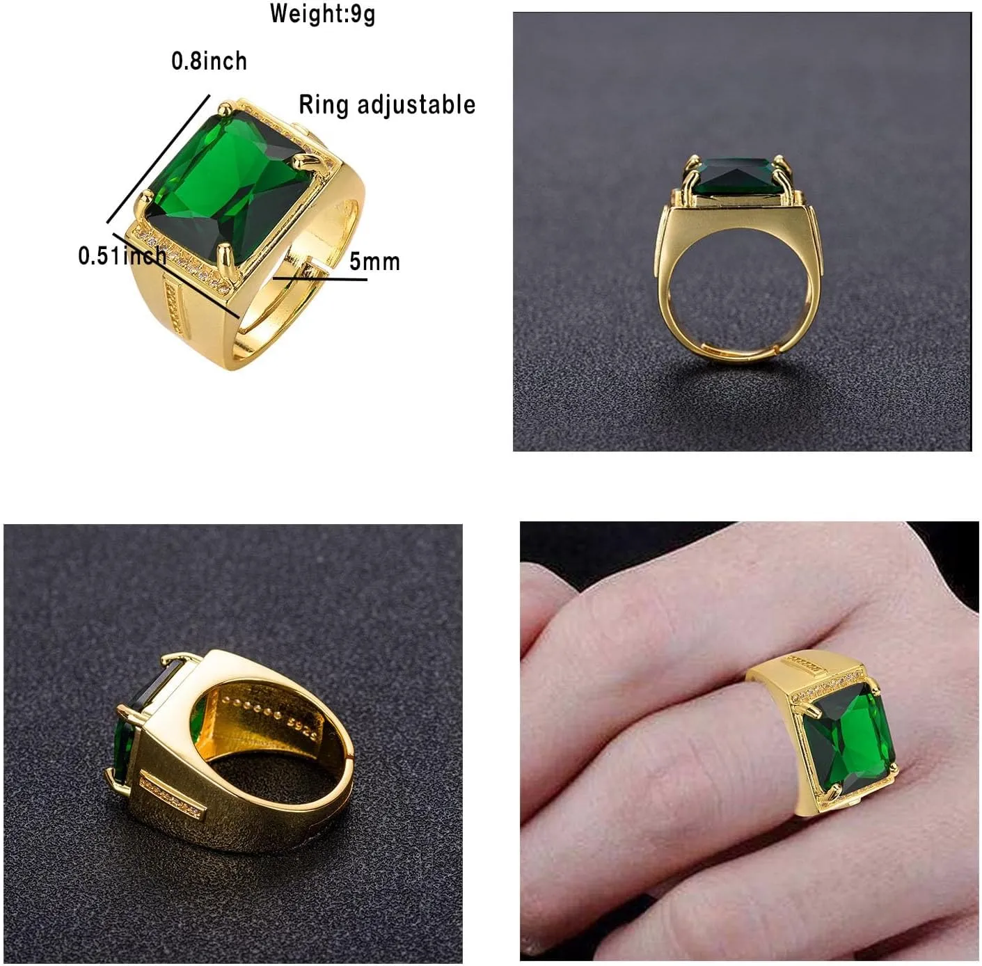 HSQYJ Adjustable White Gold Plated Rectangle Cubic Zirconia Gemstone Cocktail Rings Luxury Crystal Zircon Personalized Statement Party Ring for Men Fashion Jewelry Gifts