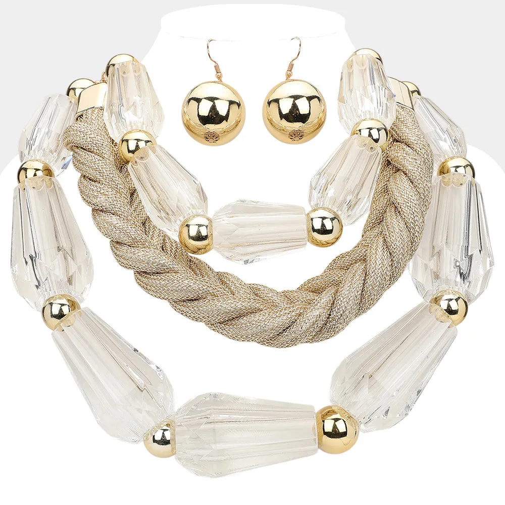 iLLASPARKZ Chunky Lucite Bead Braided Cord Triple Layered Bib Necklace