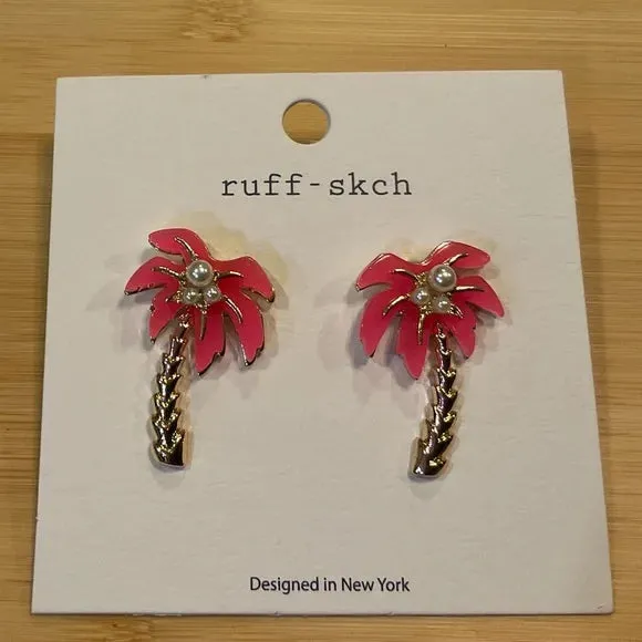 Mini Pink Palm Tree Stud Earrings with Pearl Center