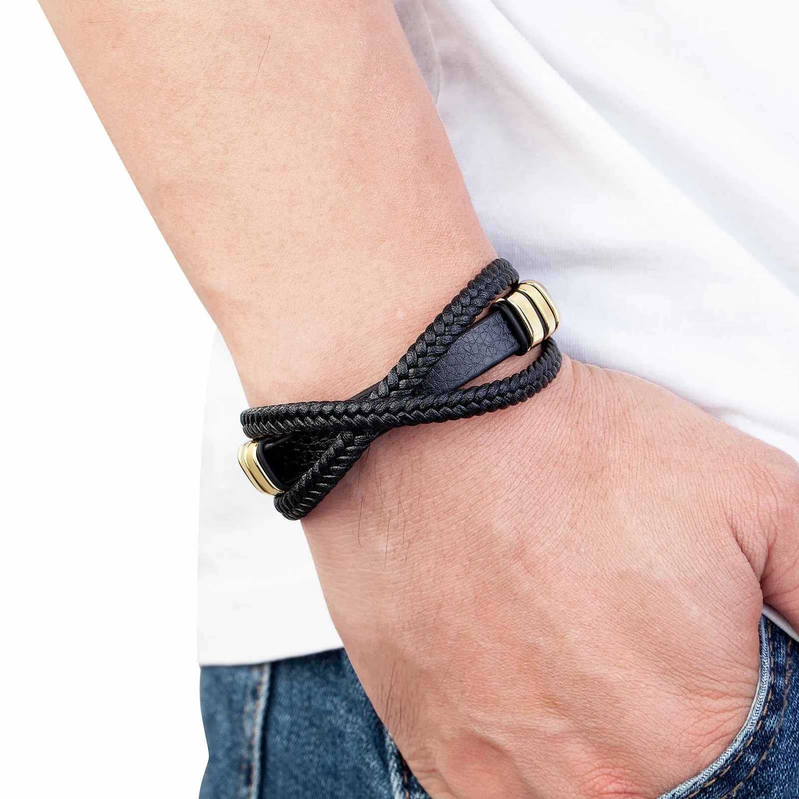 Simple Casual Stainless Steel Magnet Buckle Three-layer Leather Cord Braided Bracelet