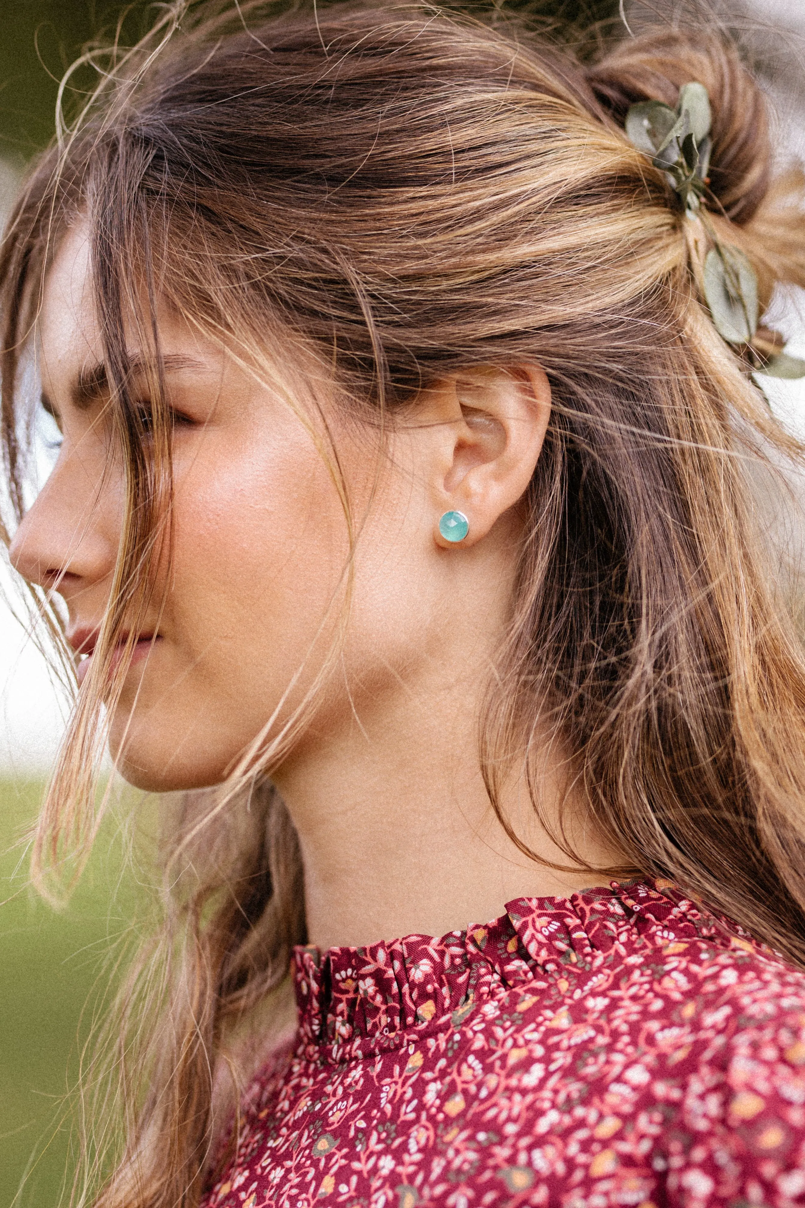 Sterling Silver Round Studs in Aqua Chalcedony