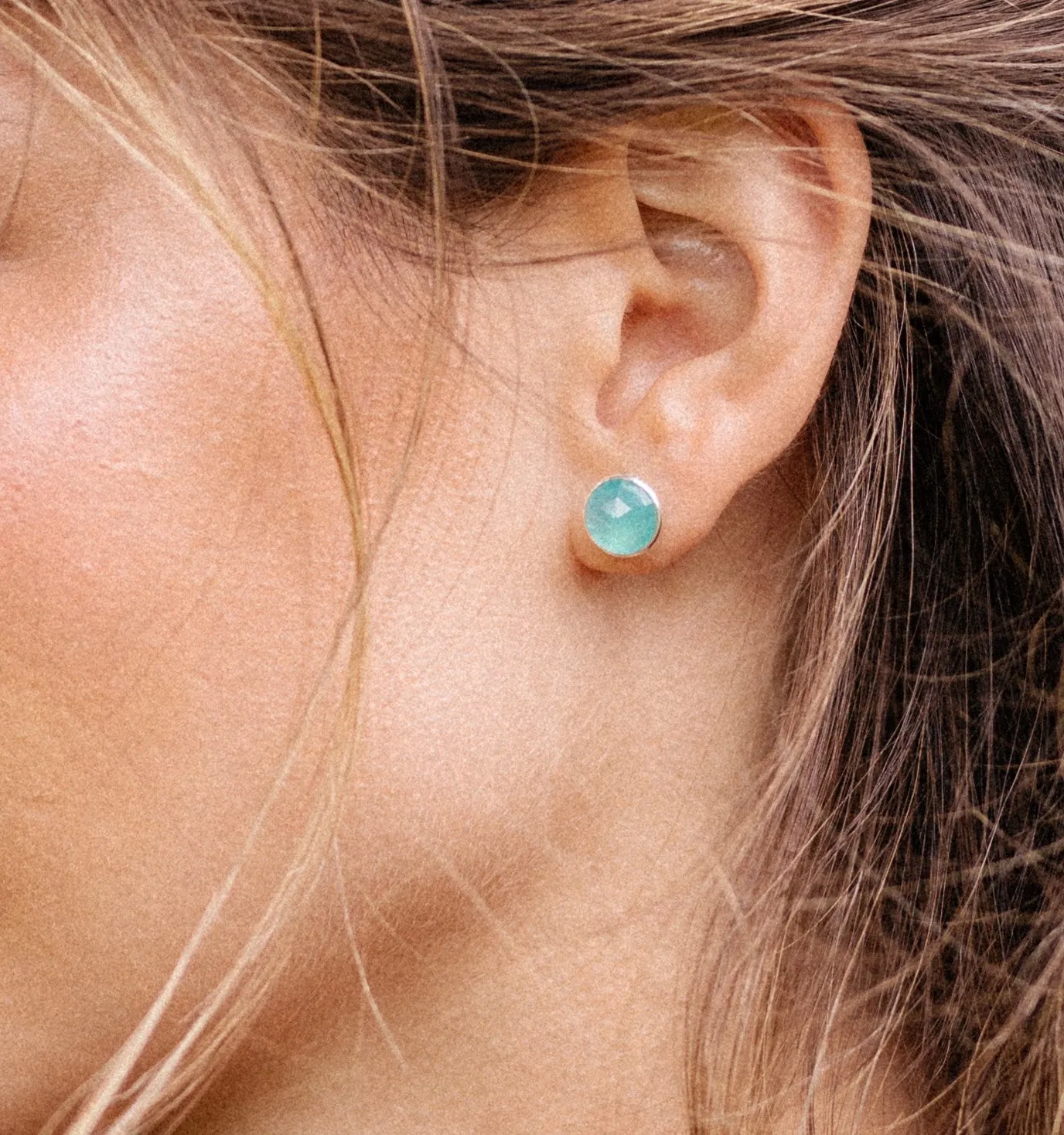 Sterling Silver Round Studs in Aqua Chalcedony