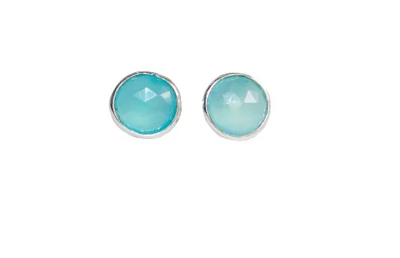 Sterling Silver Round Studs in Aqua Chalcedony