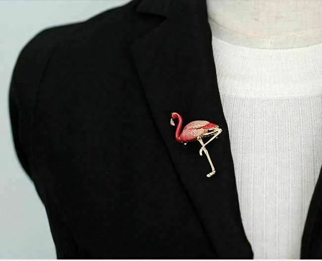 Stunning vintage look gold plated pink enamel big flamingo brooch broach pin b61