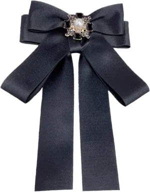 Vintage Black Ribbon Rectangle Crystal Big Bowknot Shirt Pre-tied Bow Neck Tie Brooches Lapel Pins for Women Girls Elegant Princess Cut CZ Rhinestone Suit Collar Tie Breastpin Accessories Clothes