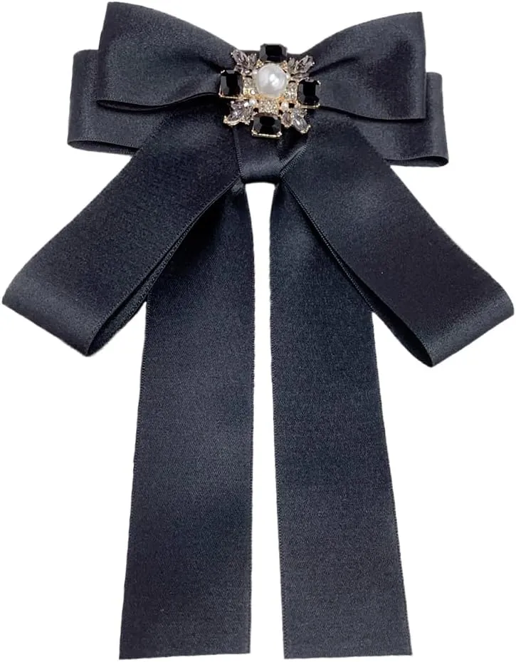 Vintage Black Ribbon Rectangle Crystal Big Bowknot Shirt Pre-tied Bow Neck Tie Brooches Lapel Pins for Women Girls Elegant Princess Cut CZ Rhinestone Suit Collar Tie Breastpin Accessories Clothes