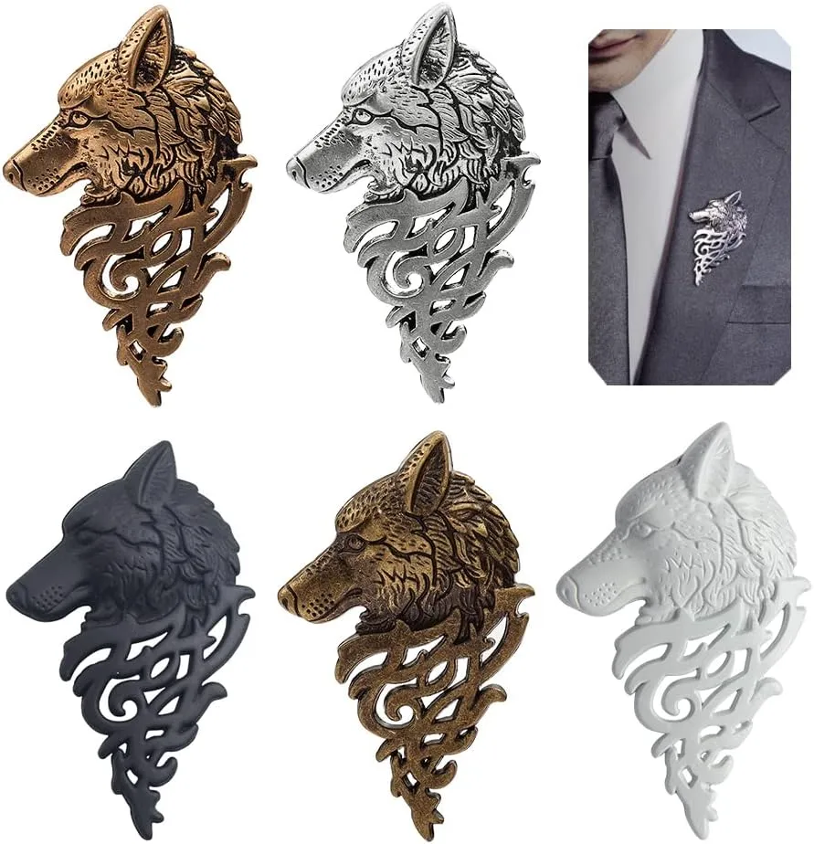 Wixine 5Pcs Vintage Gold Silver Brooches for Women Men Lapel Pin Wolf Collar Jewelry Fashion Brooch Pins